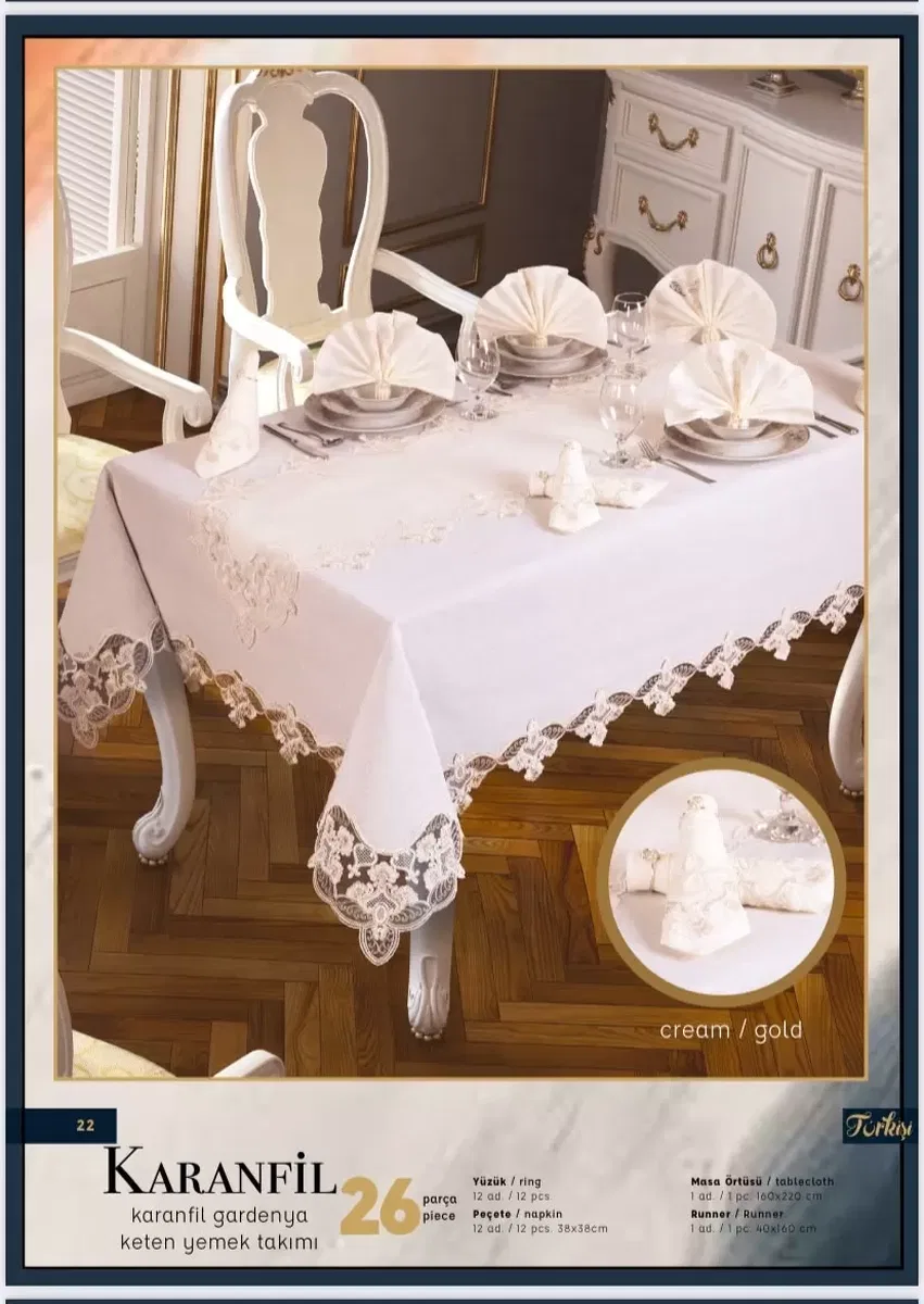 Karanfil Gardenya Keten Krem-Gold 26 Parça 12 Kişilik Premium 160 × 220 cm Masa Seti görsel 2
