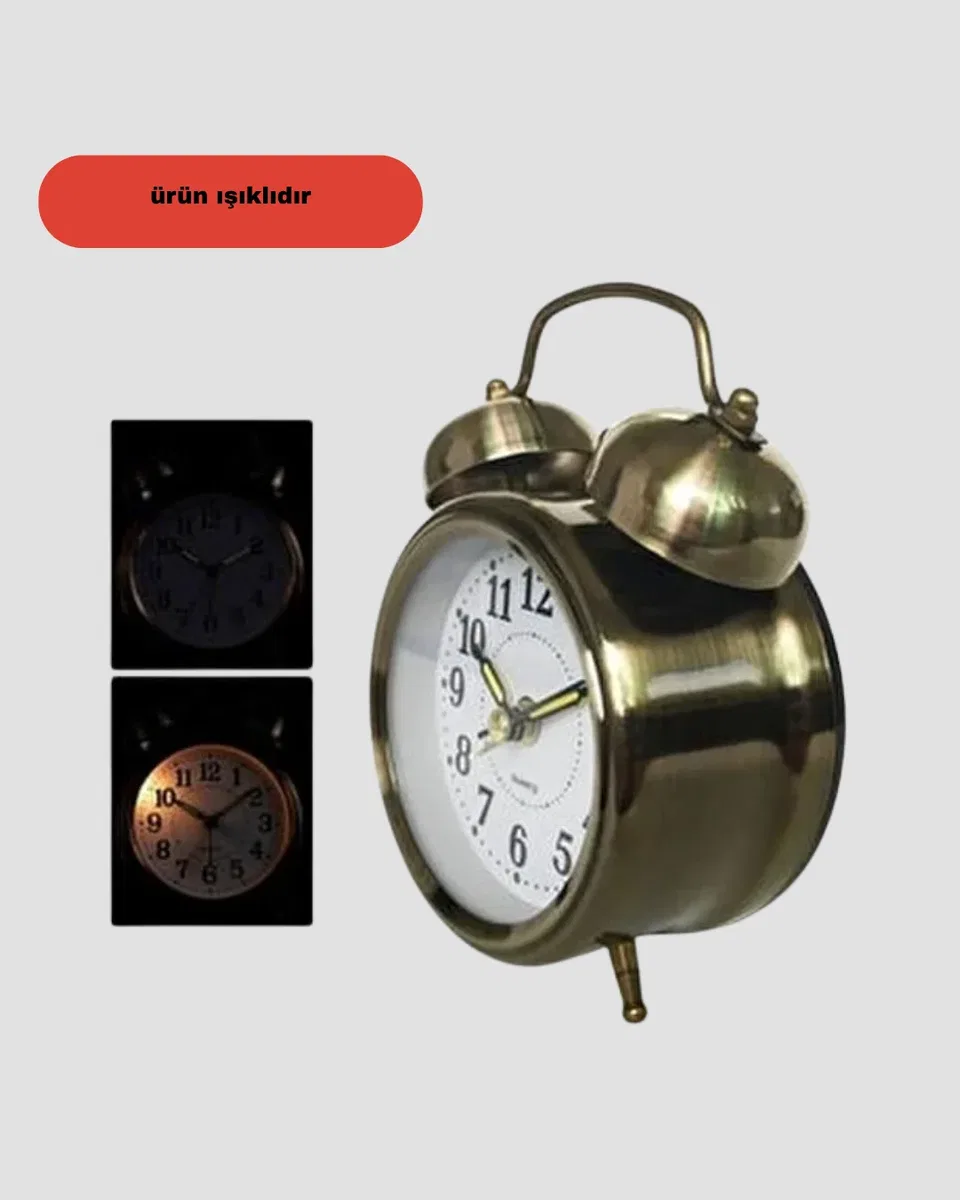 Metal Bronz Nostaljik Masa Saati Alarmlı Büyük Boy Sessiz Mekanizmalı görsel 4