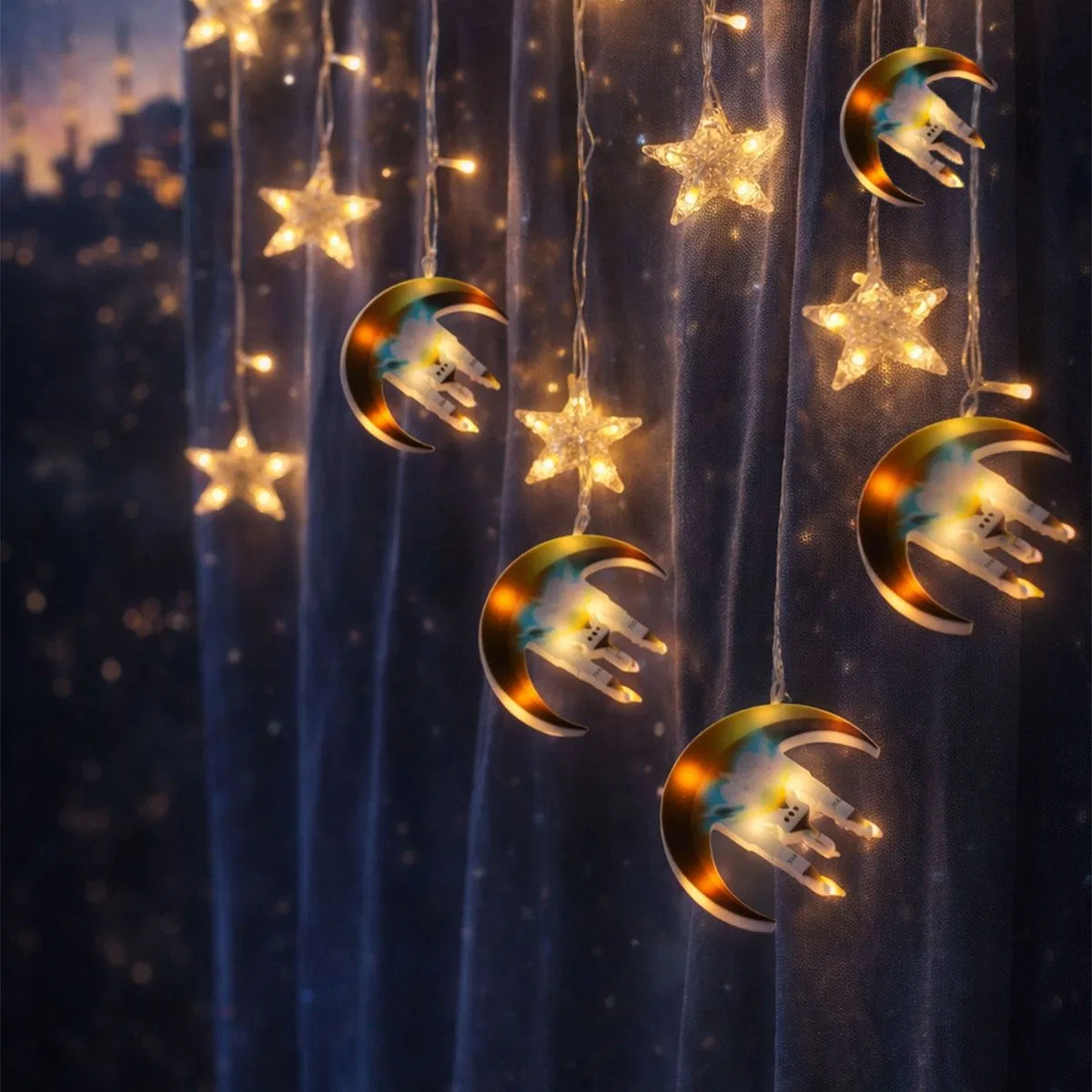Ramazan LED Perde Lamba 3m Fişli Eklemeli Hilal Cami Yıldız görsel 2