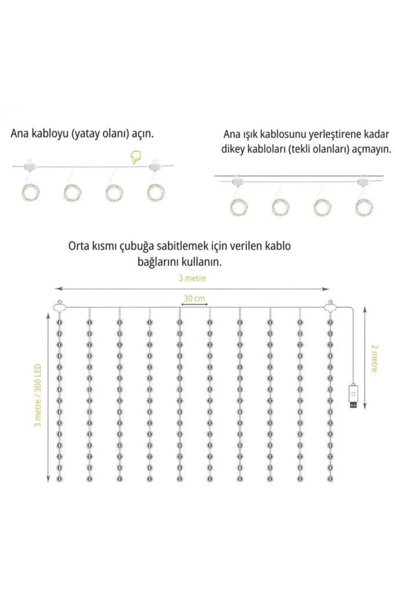 Lw-7 300 Ledli 10 Sarkıt Perde Led Işık, 8 Modlu Uzaktan Kumandalı, 3x3 Metre Peri Telli Led görsel 3