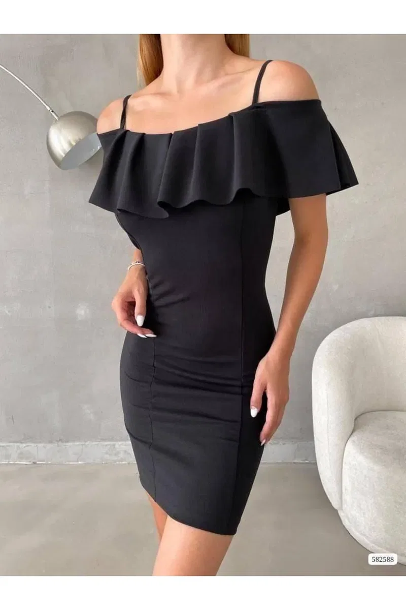 Kadın Minimal Tasarım Gömlek Yaka Volanlı Fırfırlı Elbise görsel 5
