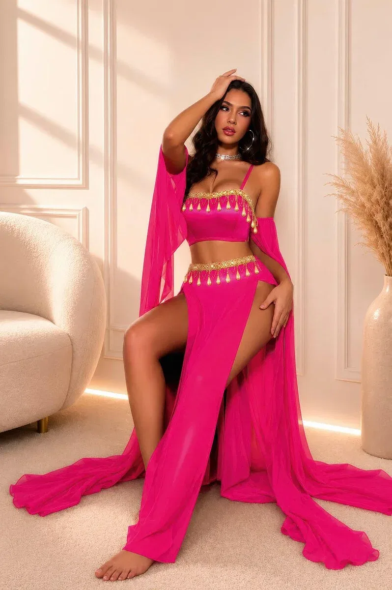 Kadın Pembe Dansöz Elbisesi Parlak Aksesuar Kostüm 2325 görsel 2