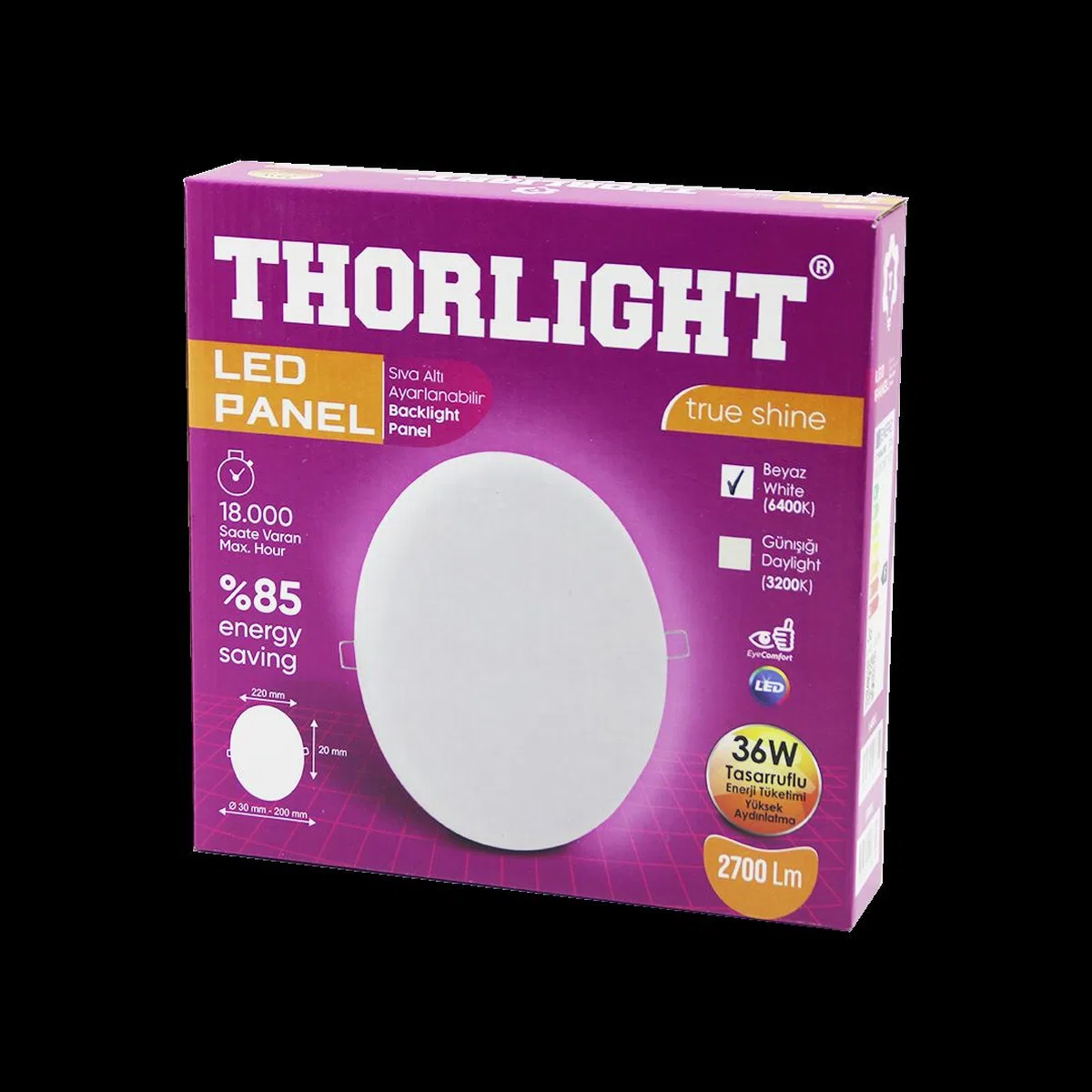 36W 22cm Beyaz LED Panel 6400K 2700LM Sıva Altı Ayarlı görsel 4