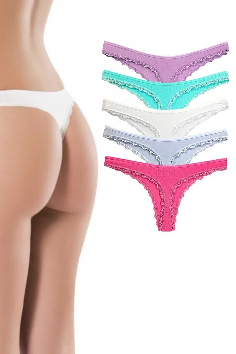 5 Adet Pamuklu Kadın Klasik Dantelli String Tanga görsel 2
