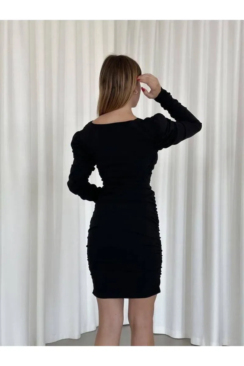 Kadın Özgün Tasarım Dik Yaka Uzun Kol Krep Kumaş Abiye Elbise görsel 8