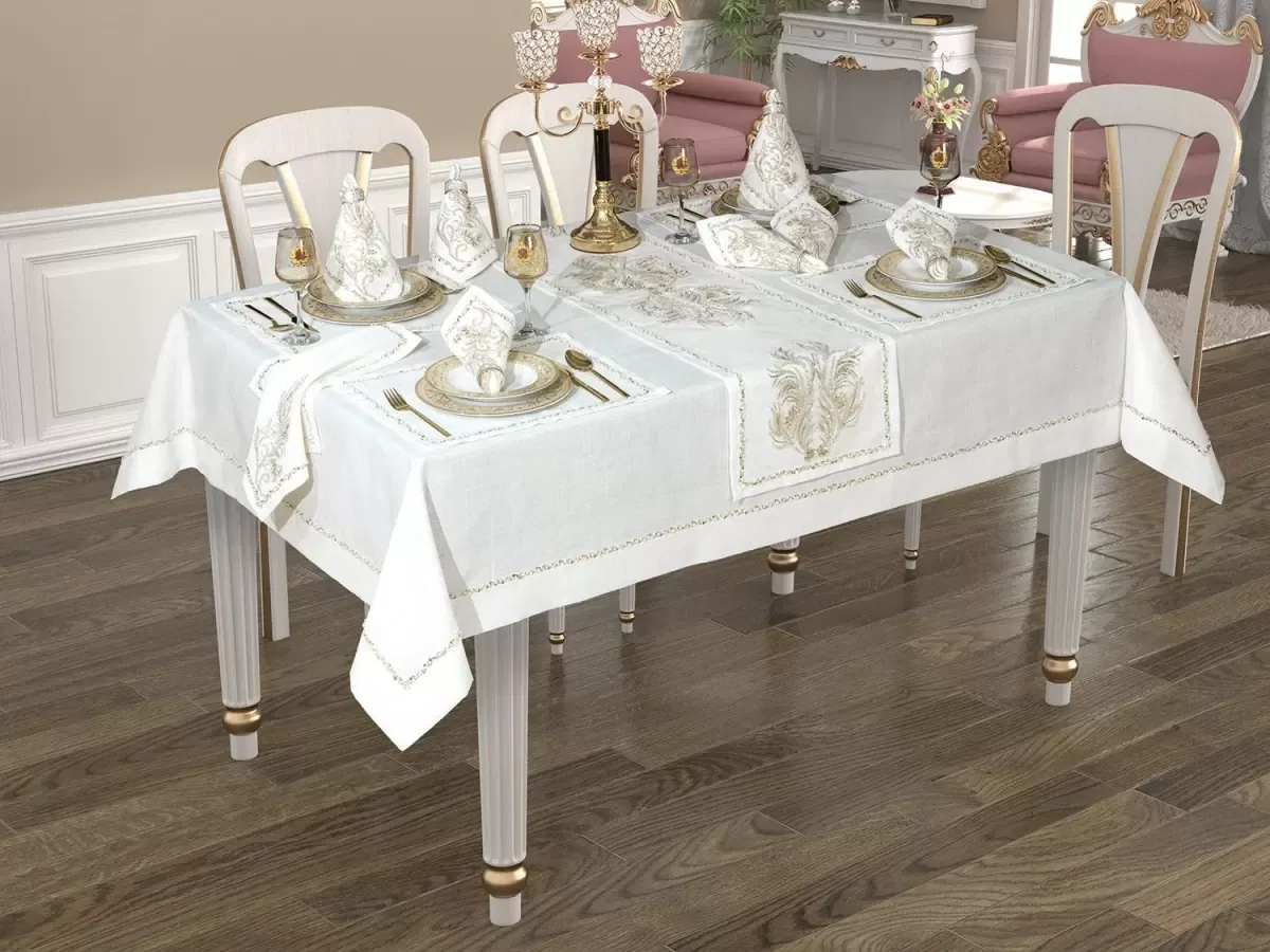 Sofra Takımı Valeron Gardenya Keten Yemek Takımı 160x260 Masa Seti 26 Parça Pullu Boncuklu Krem görsel 7