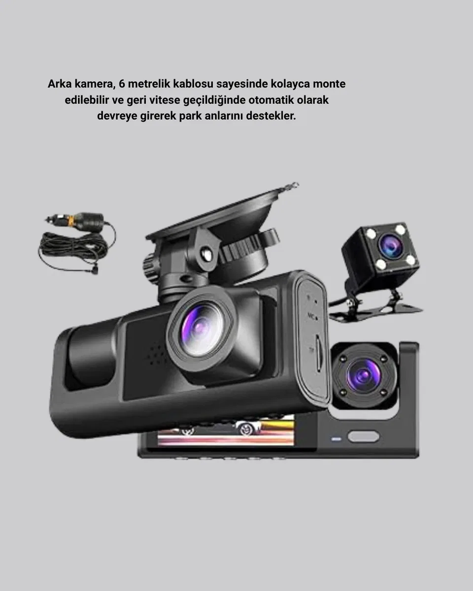 Üç Kameralı Araç İçi Kayıt Sistemi Full HD Gece Görüşlü ve G-Sensör Destekli görsel 4