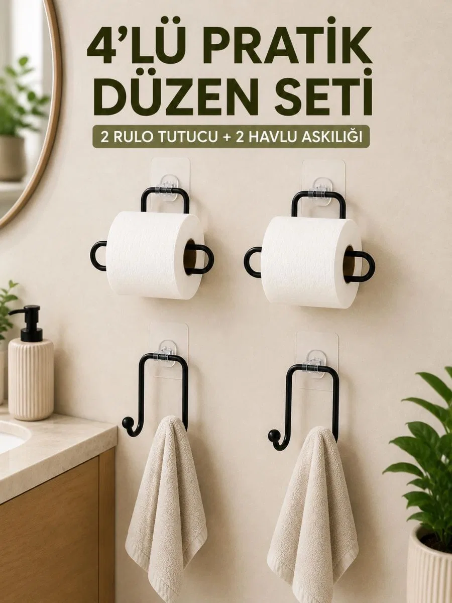 Duvara Yapışkanlı Rulo Kağıtlık Ve Havlu Askılığı 2’şer Adet 4’lü Set