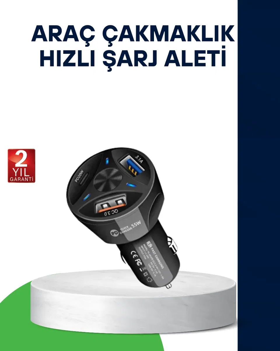 55W Hızlı Araç Şarj Cihazı Quick Charge 3. 0 ve PD Destekli