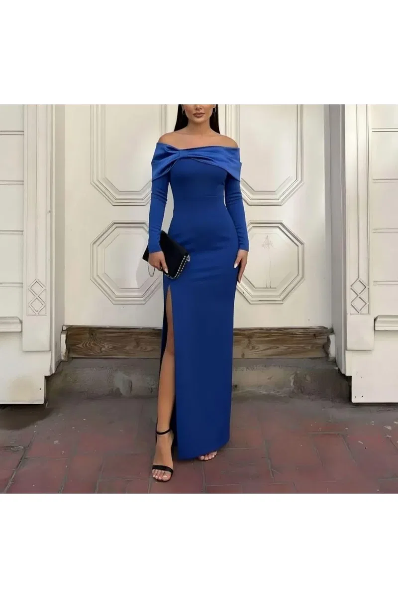 Kadın Günlük Carmen Yaka Kolsuz Saten Kumaş Omzu Açık Abiye Elbise görsel 4