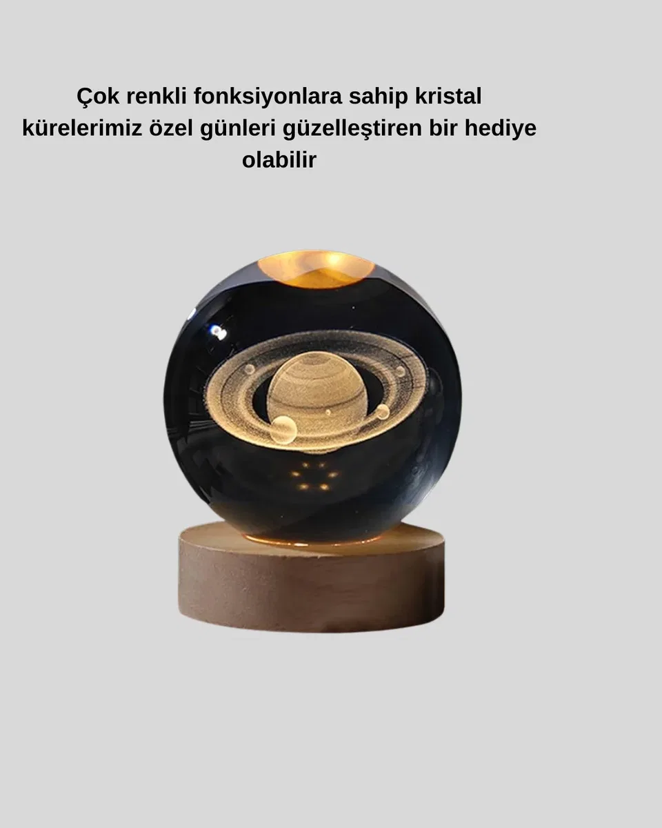 Satürn Desenli Kristal Küre LED Gece Lambası Ahşap Standlı görsel 2