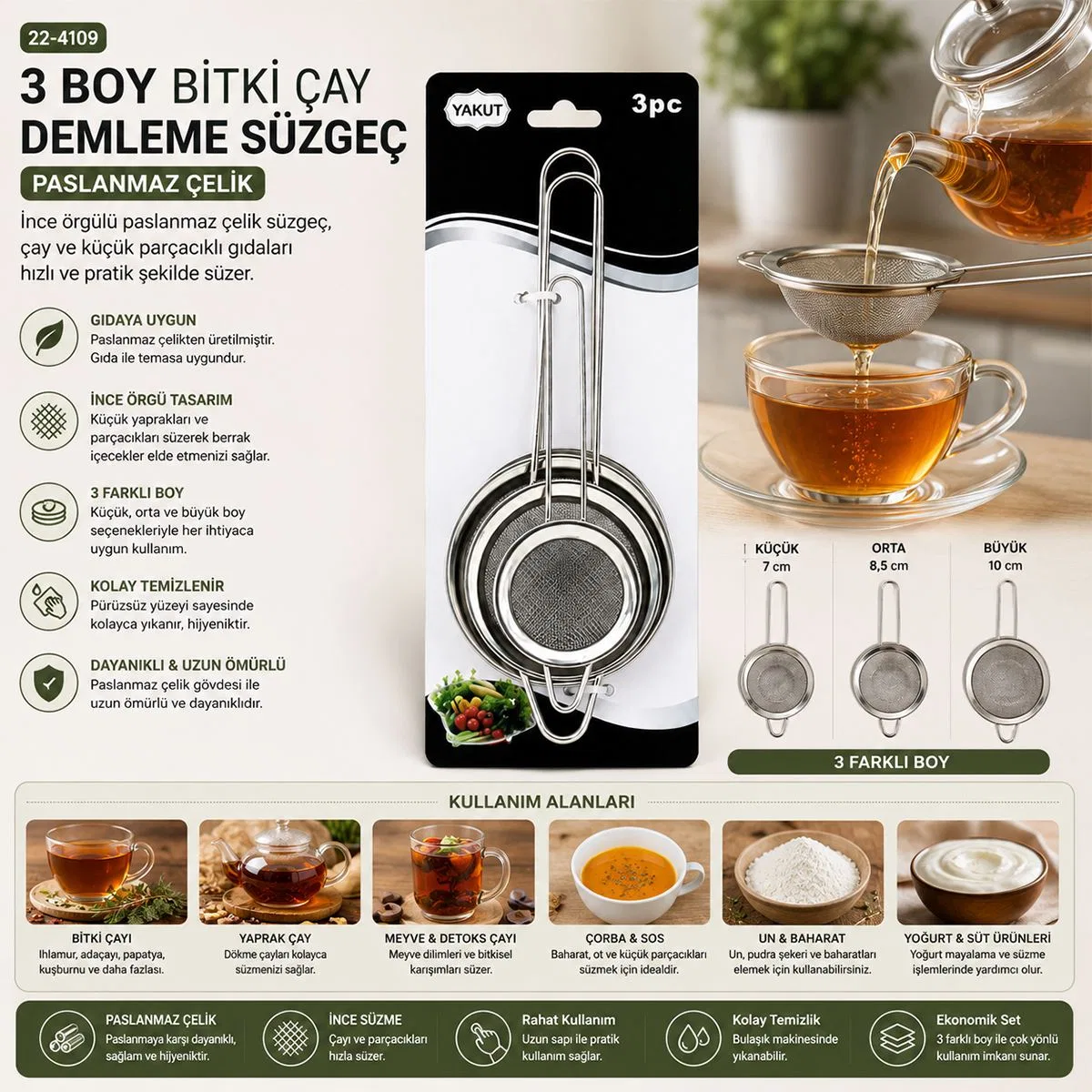 3'lü Mini Tel Süzgeç Seti (5-7-8 cm) Metal Çerçeve görsel 3