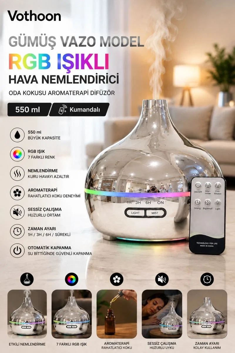 Gümüş Vazo Model Rgb Işıklı Hava Nemlendirici & Aromaterapi Difüzör – 550 Ml Kumandalı görsel 2