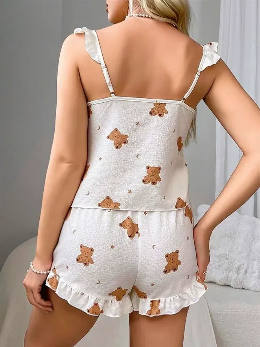 Pamuklu Ayıcık Desen Fırfırlı Askılı Şortlu Pijama Takımı görsel 4