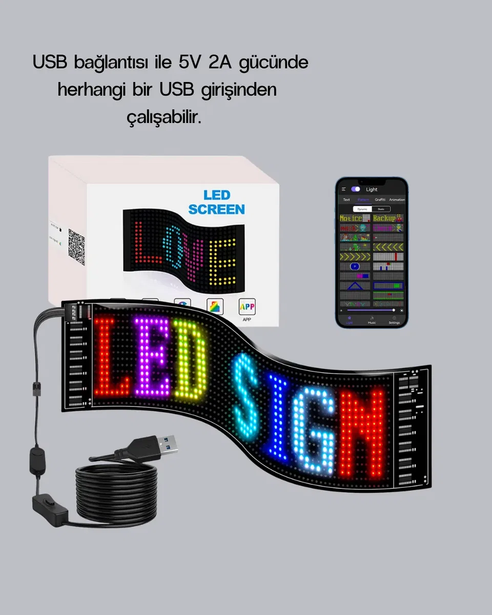 RGB LED Panel – Çok Renkli, Kumandalı, USB Bağlantılı Yazı ve GIF Gösterimli Akıllı Lamba görsel 3