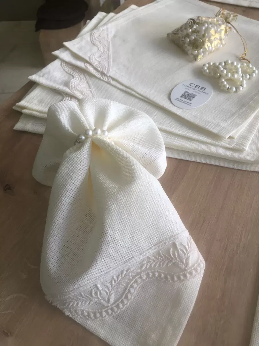 Sofra Takımı Lina Gardenya Keten Yemek Takımı 160x260 Masa Seti 12 Kişilik 26 Parça Runner Set Krem görsel 2