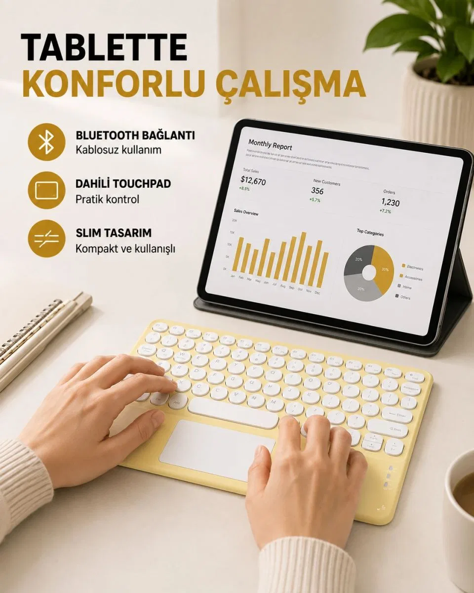 Bluetooth Kablosuz Klavye – İnce Slim Model, Tablet Ve Akıllı Tv Uyumlu, Sessiz Tuşlu Taşınabilir Klavye