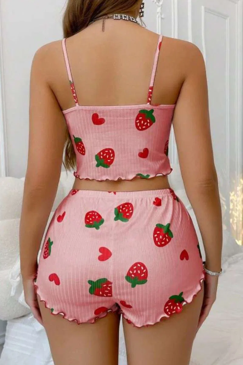 Çilek Desenli Crop Askılı Şort Yazlık Pijama Takımı Ryl - S-49 görsel 2