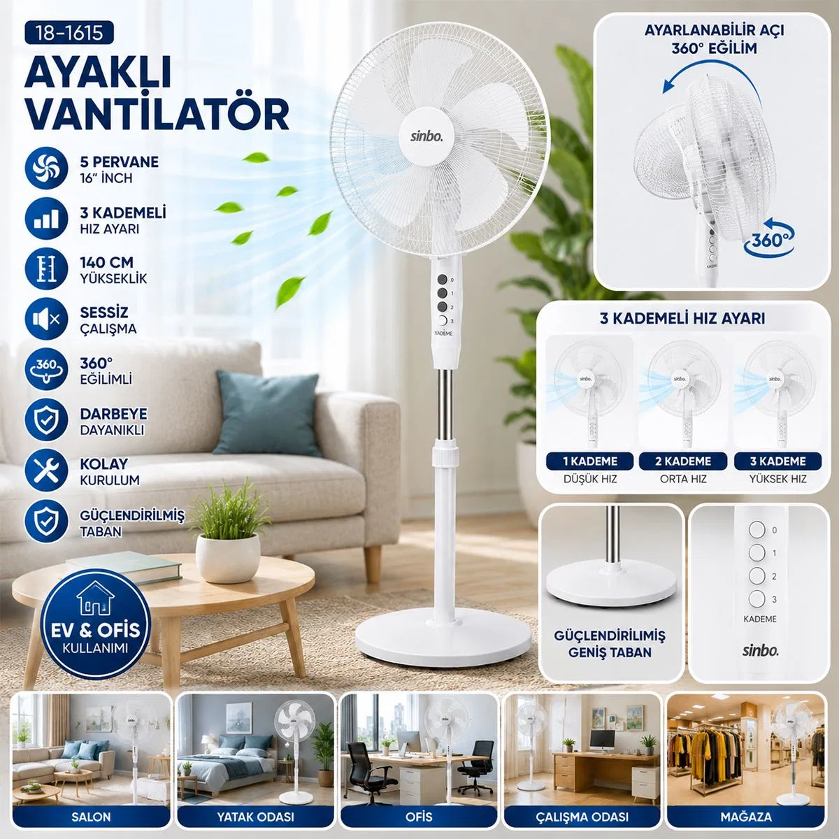 16'' 5 Pervaneli Ayaklı Vantilatör - Sessiz, 140 cm, 3 Kademe görsel 2