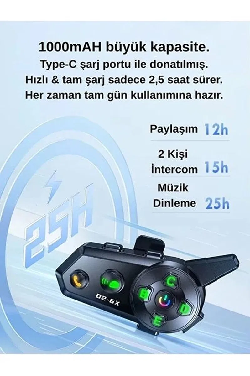 D2-6x 1000m Mesafeli 6 Klı İntercom Bluetooth Motosiklet Kask Kulaklığı İntercom Kulaklık görsel 5