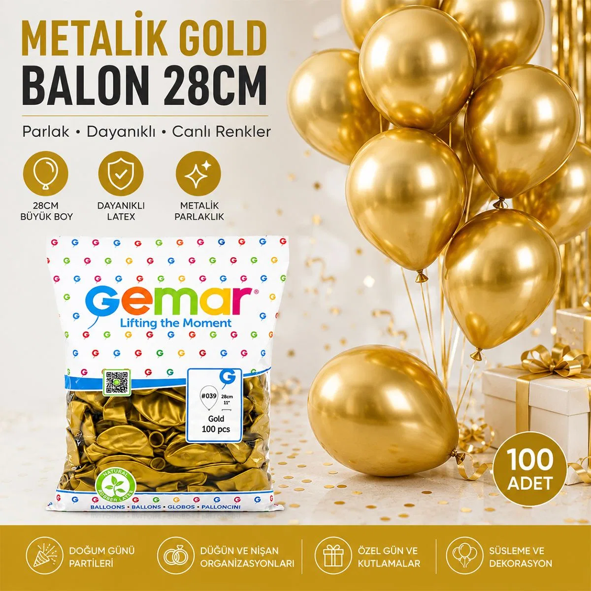 Metalik Gold Balon 11'' (28 cm) 100'lü Paket görsel 3