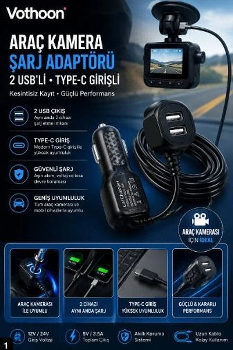 Araç Kamera Şarj Adaptörü 2 Usb’li Type-c Girişli 3. 5 Metre Kablo Uzunluğu(ürün Kamera Değildir) görsel 2