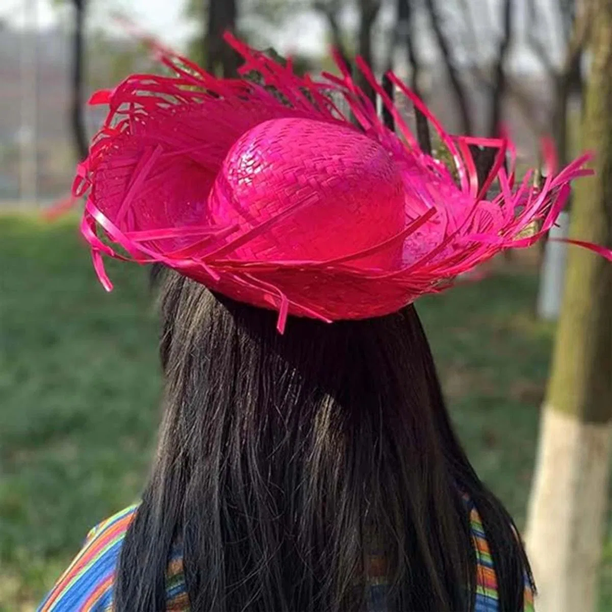 Tropikal Parti Pembe Fuşya Hasır Hawaii Şapkası 13x36 Cm görsel 5