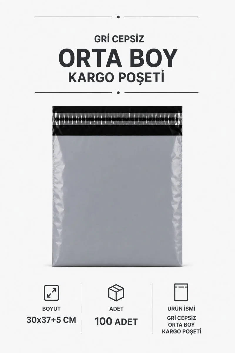 Gri Cepsiz Orta Boy Kargo Poşeti 30x37+5 Cm 100 Adet