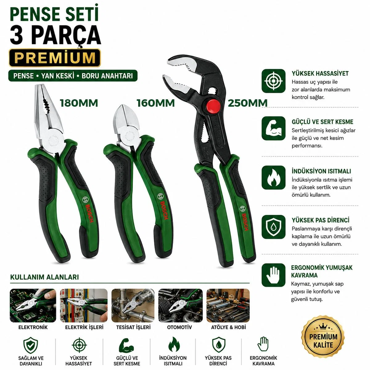 3 Parça Premium Pense Seti - 10 inç Papağan, 7 inç Pense, 6 inç Yan Keski görsel 2