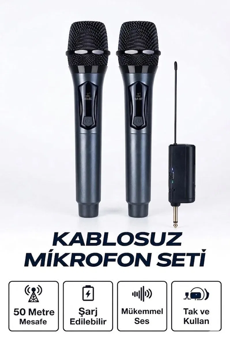 Profesyonel Çiftli Kablosuz Mikrofon Seti Karaoke Şarj Edilebilir 50 Metre