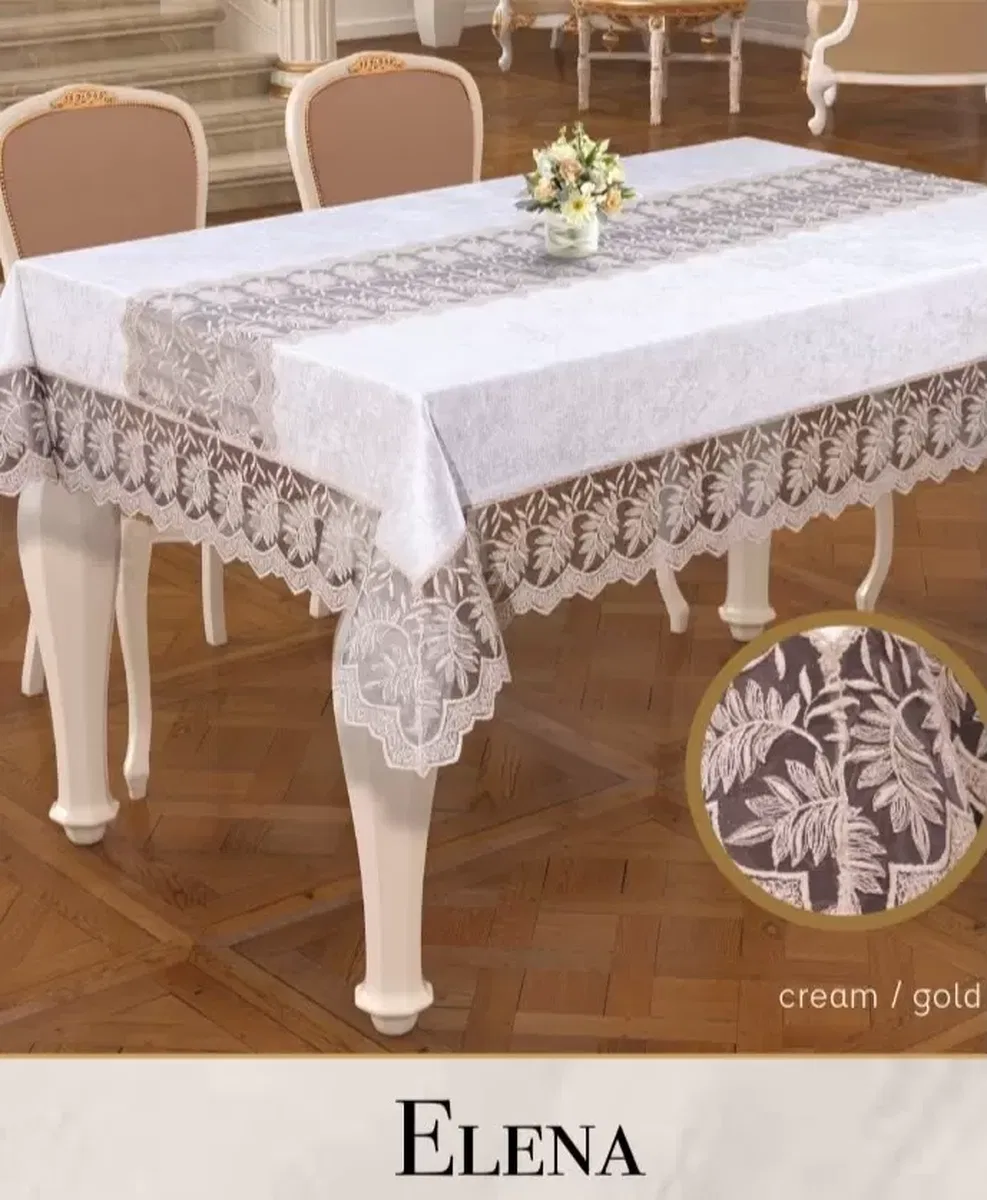Keten İşlemeli Elena Model 160x260 cm Krem-Gold Dantelli Masa Örtüsü Şık Tasarım görsel 4