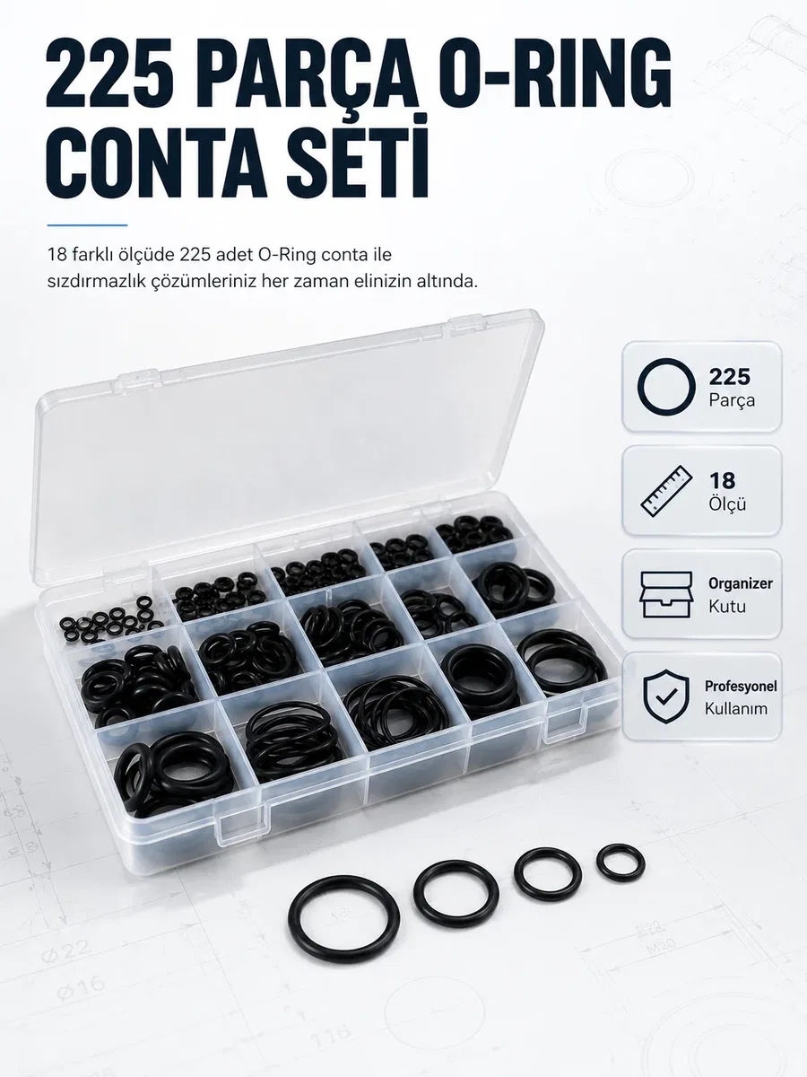 225 PCS O-Ring Conta Seti Profesyonel Tamir, Bakım ve Sızdırmazlık Çözümü