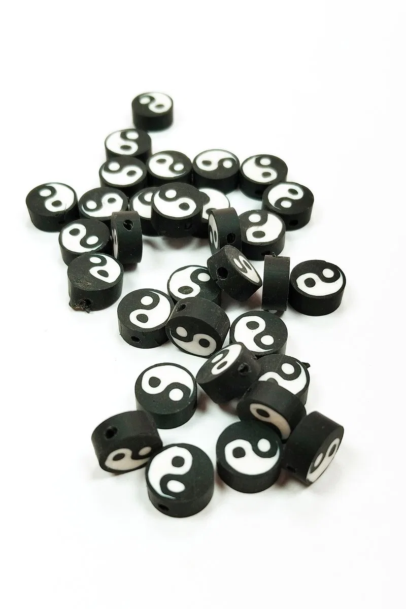 30 Adet 10 mm Polimer Kil Fimo Boncuk Takı Bileklik + 1 Metre Lastikli Misina Hediye - Yin Yang görsel 2