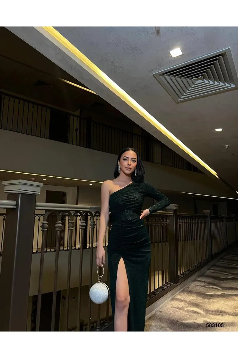 Kadın Trend Model Mezuniyet Elbisesi Tek Omuz Tek Kol Balık Kesim Abiye Elbise görsel 6