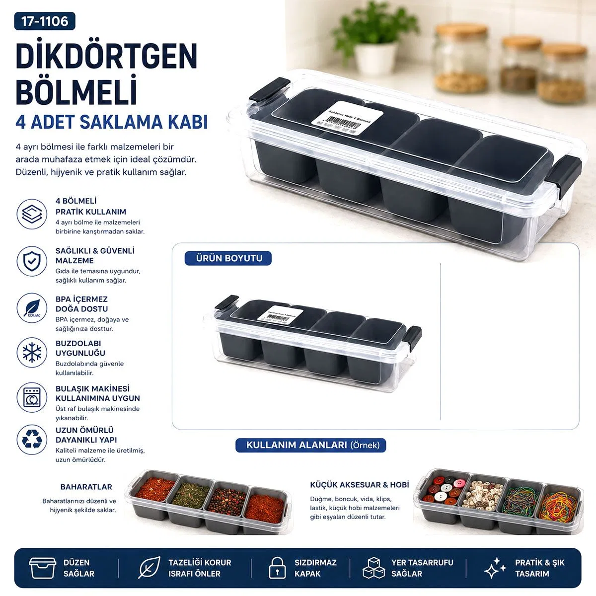 Dikdörtgen Bölmeli Saklama Kabı 35x7 cm Şeffaf Kutu Siyah Bölme görsel 4