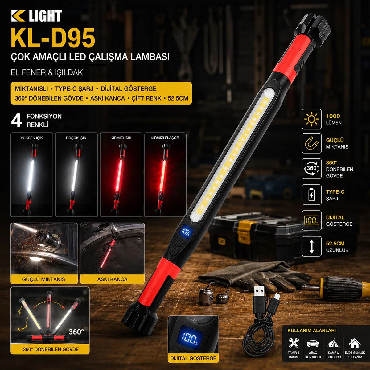 Şarjlı Mıknatıslı LED Çalışma Lambası (Type-C, 360° Döner, 52. 5 cm) görsel 4