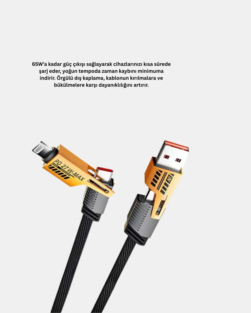 USB-C USB-A 4’ü 1 Arada Örgülü Kablo 65W Hızlı Şarj Metal Uç Dayanıklı görsel 3