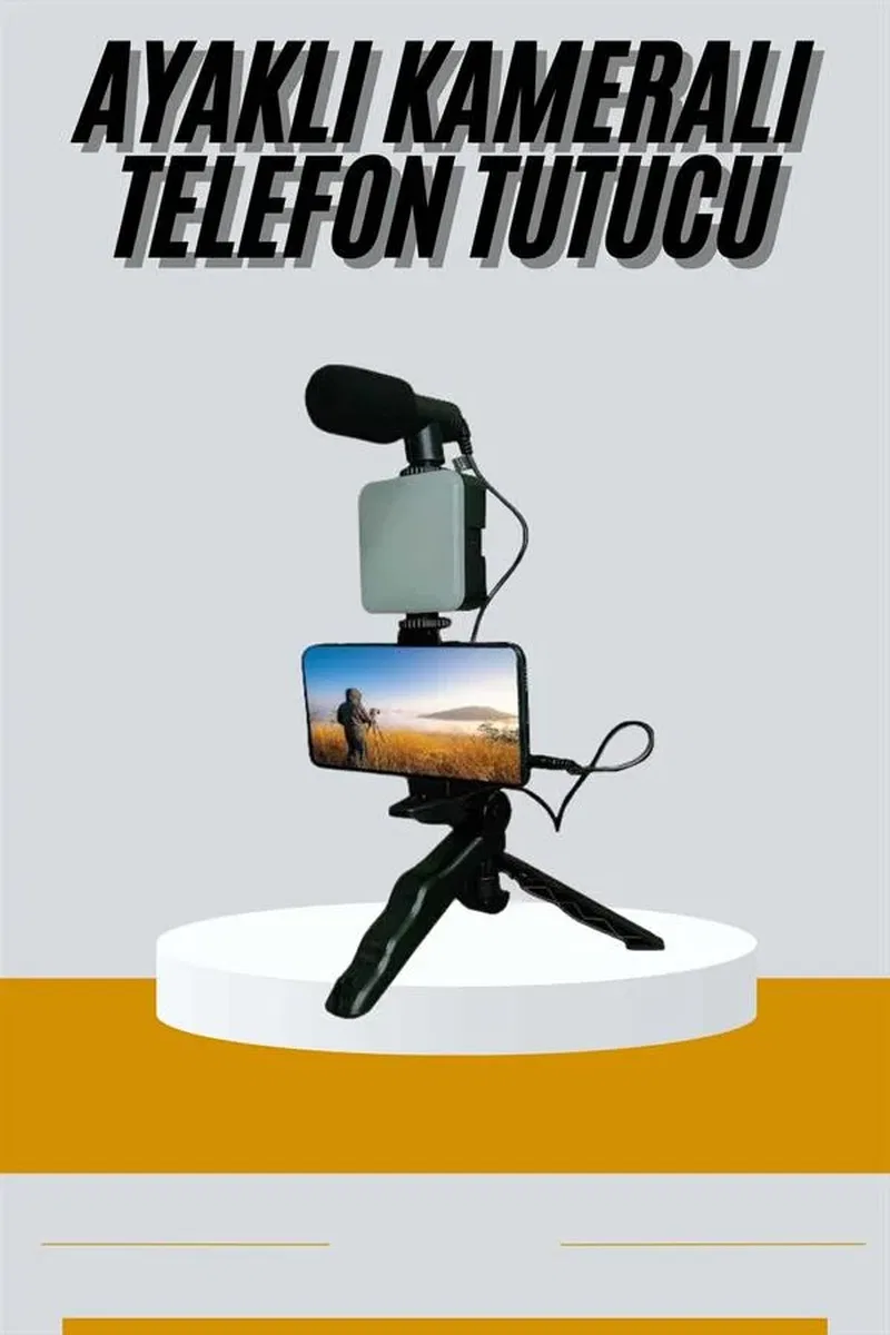 Tripod Telefon Tutucu Kumandalı Mikrofon Led Işık Vlog Video Kayıt görsel 2