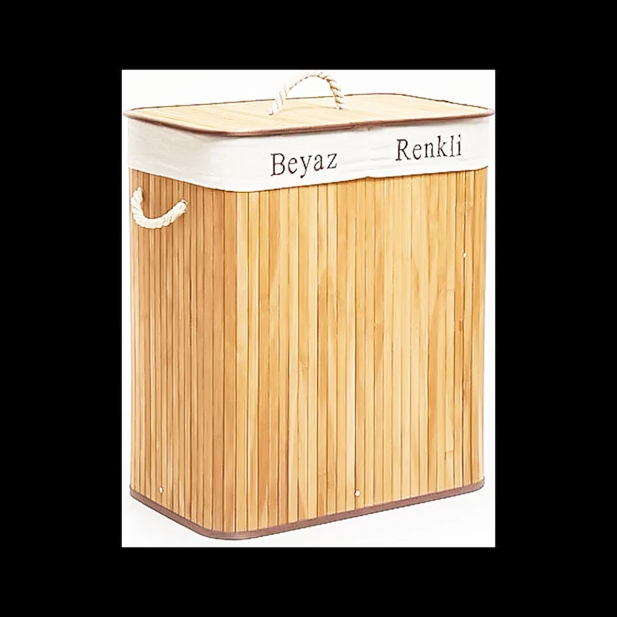 Bambu Ahşap 2 Bölmeli Çamaşır Sepeti 52x32x62 cm görsel 2