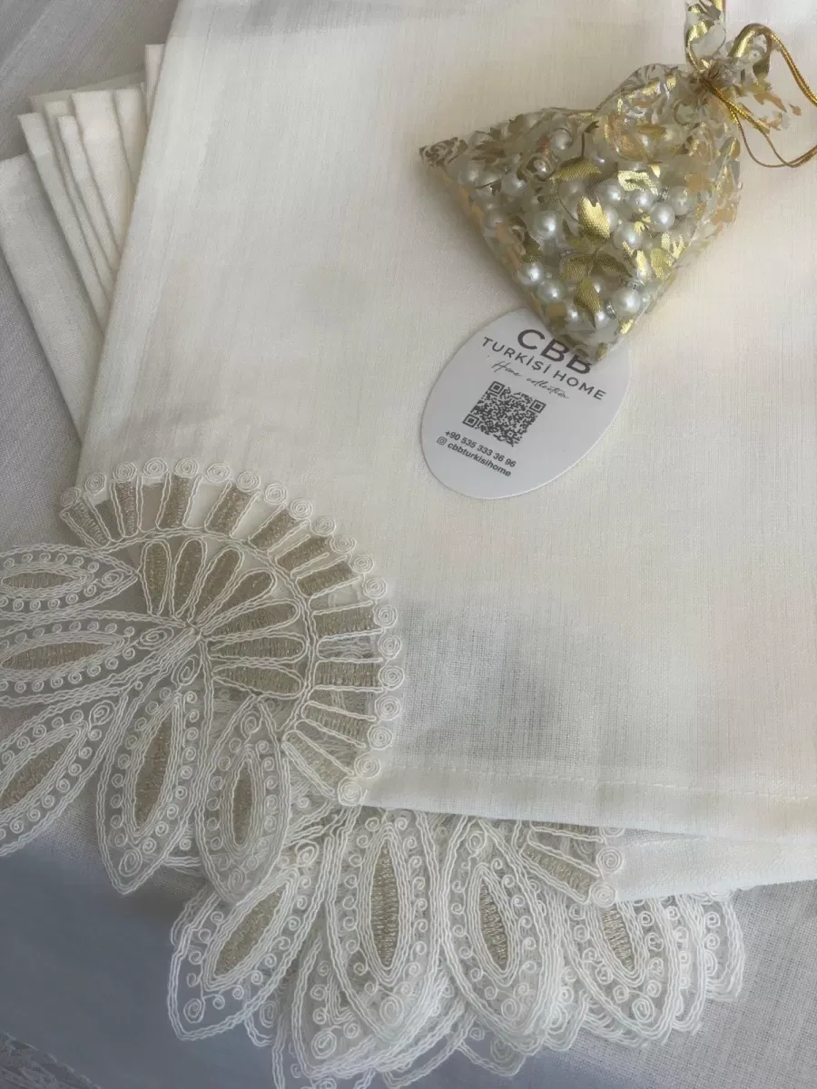 Sofra Takımı Lady Gardenya Keten Yemek Takımı 160x220 Masa Seti 12 Kişilik 26 Parça Runner Set Kreme Gold görsel 6