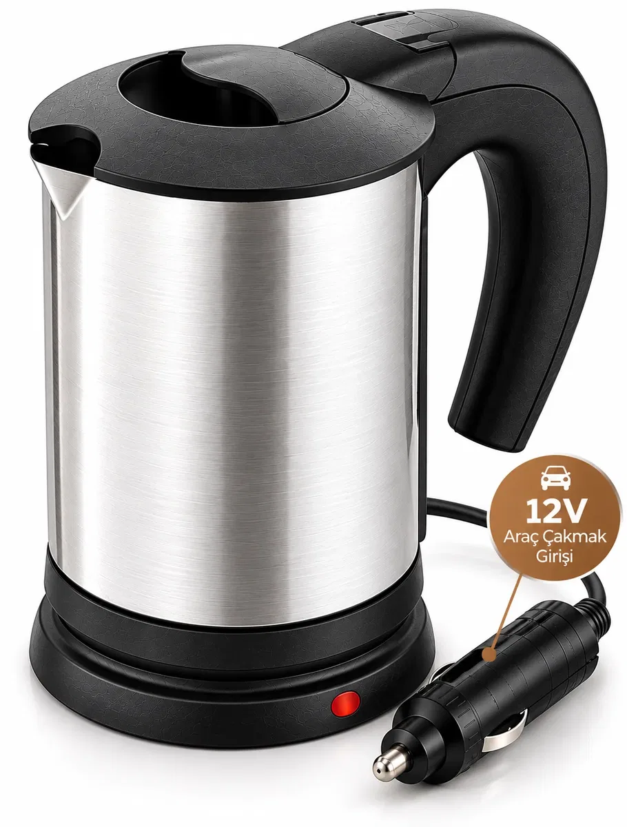 12V Araç Çakmak Girişli Paslanmaz Çelik Araç İçi Su Isıtıcı Seyahat Tipi Kettle görsel 2