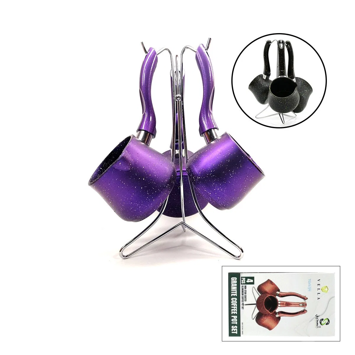 Granit Çelik Cezve Seti 4'lü (230/280/380 ml) Metal Standlı görsel 2