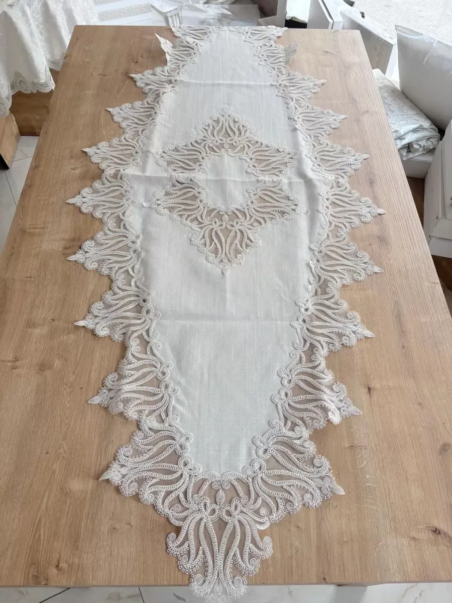 Salon Takımı Çeyizlik Krem Runner Set 5 Parça Keten Ranır Masa Konsol Sehpa Örtüsü Gülseda görsel 2