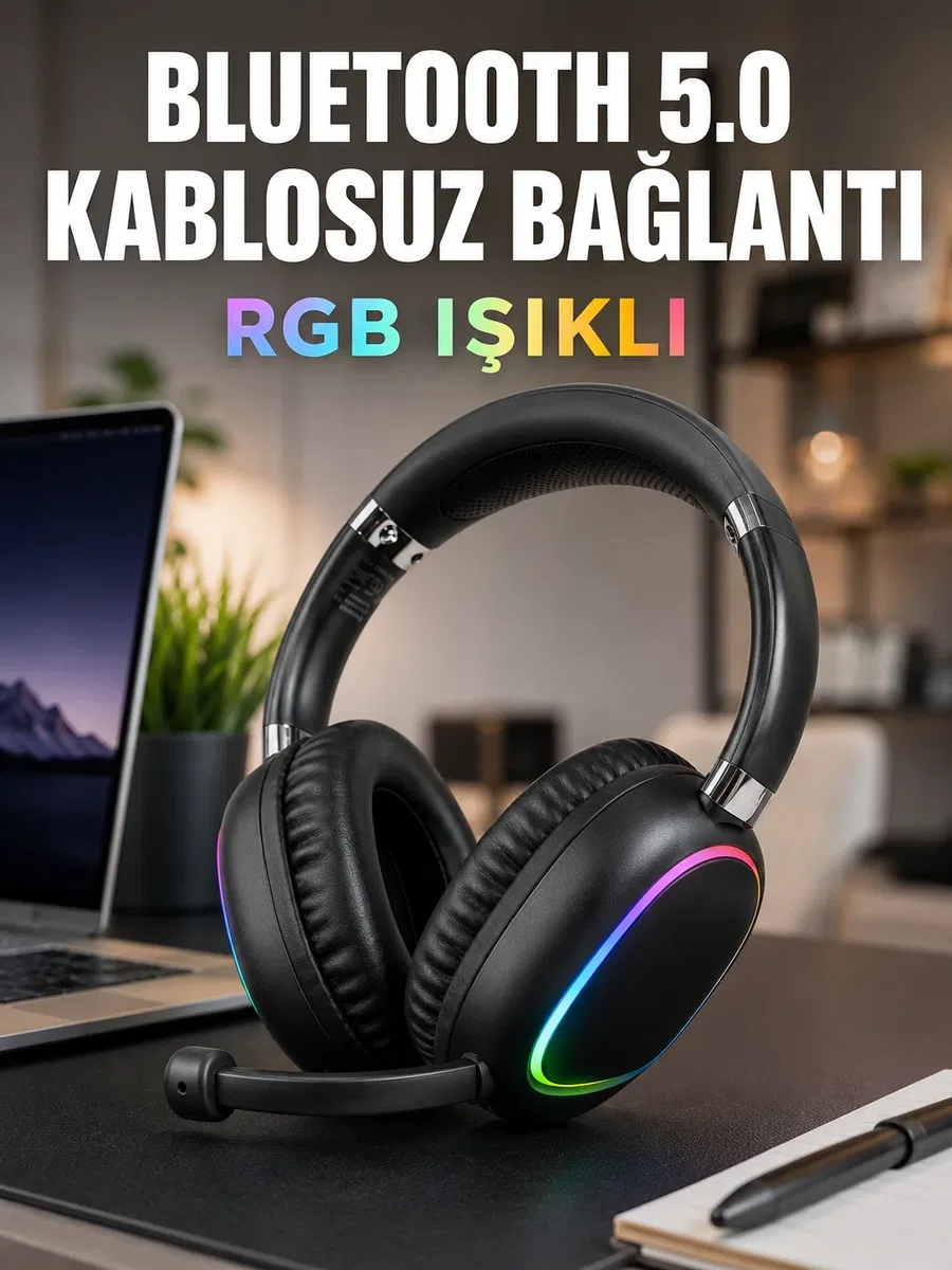 Bluetooth 5. 0 Kablosuz Kulak Üstü Kulaklık Mikrofonlu RGB Aydınlatmalı