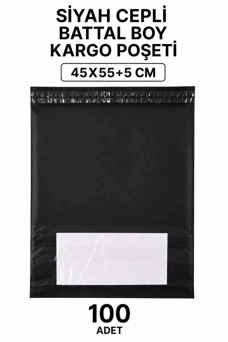 Siyah Cepli Battal Boy Kargo Poşeti 45x55+5 Cm 100 Adet