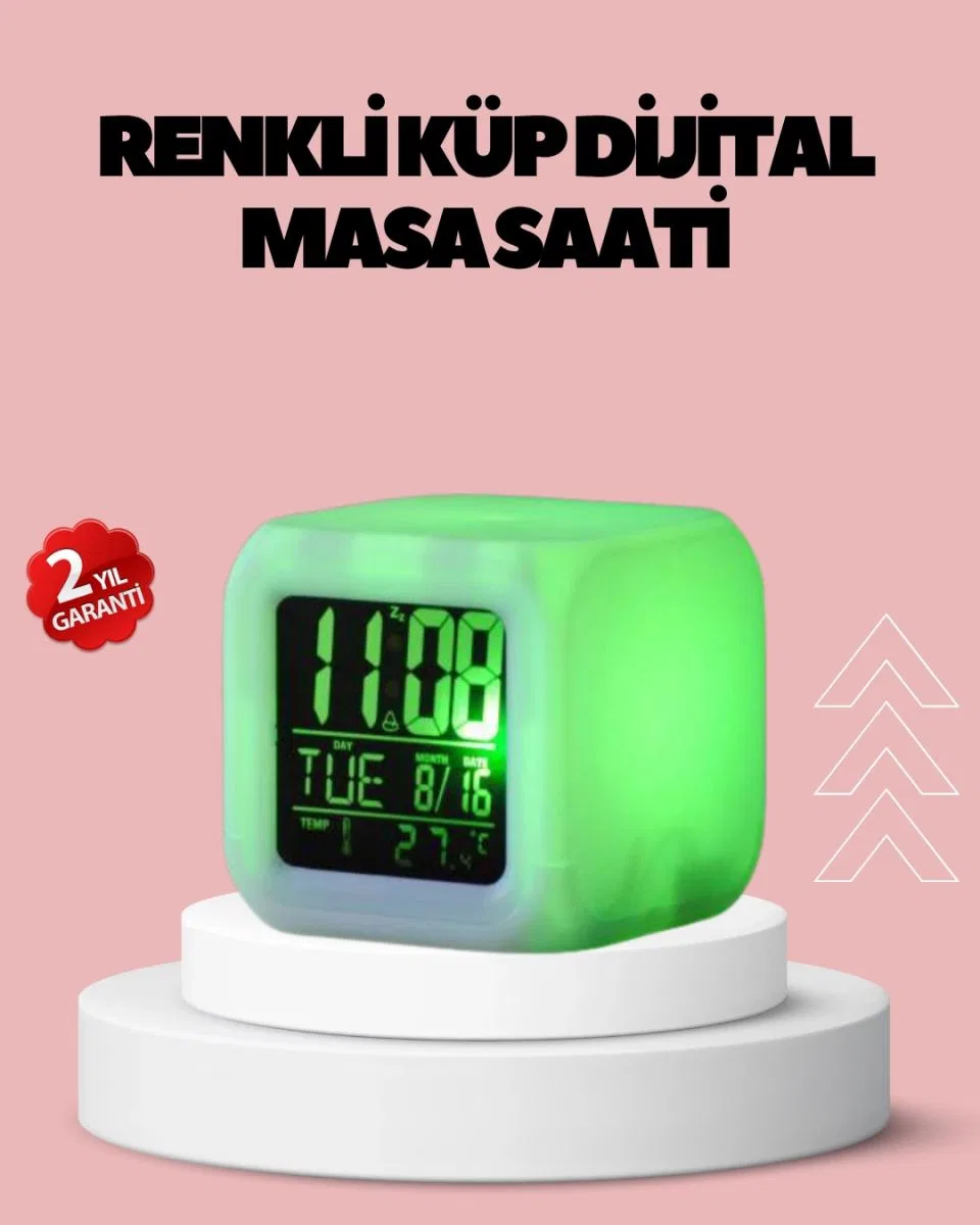Kronometre Ve Takvim Destekli Renk Değiştiren Led Dijital Küp Saat