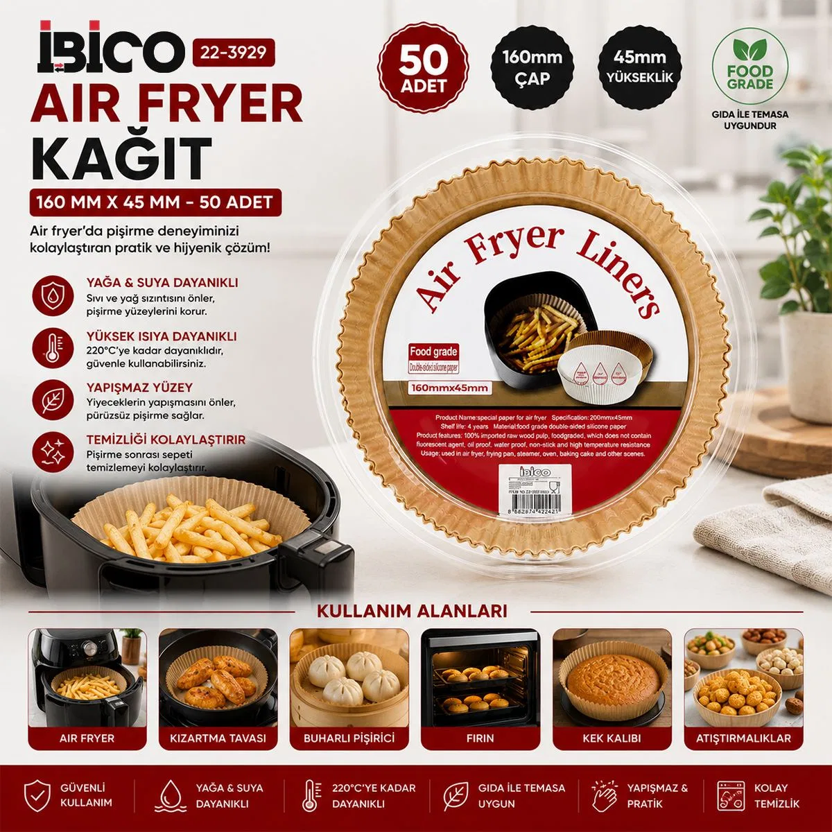 Air Fryer Kağıt Pişirme Kalıbı 16 cm (50'li) görsel 3