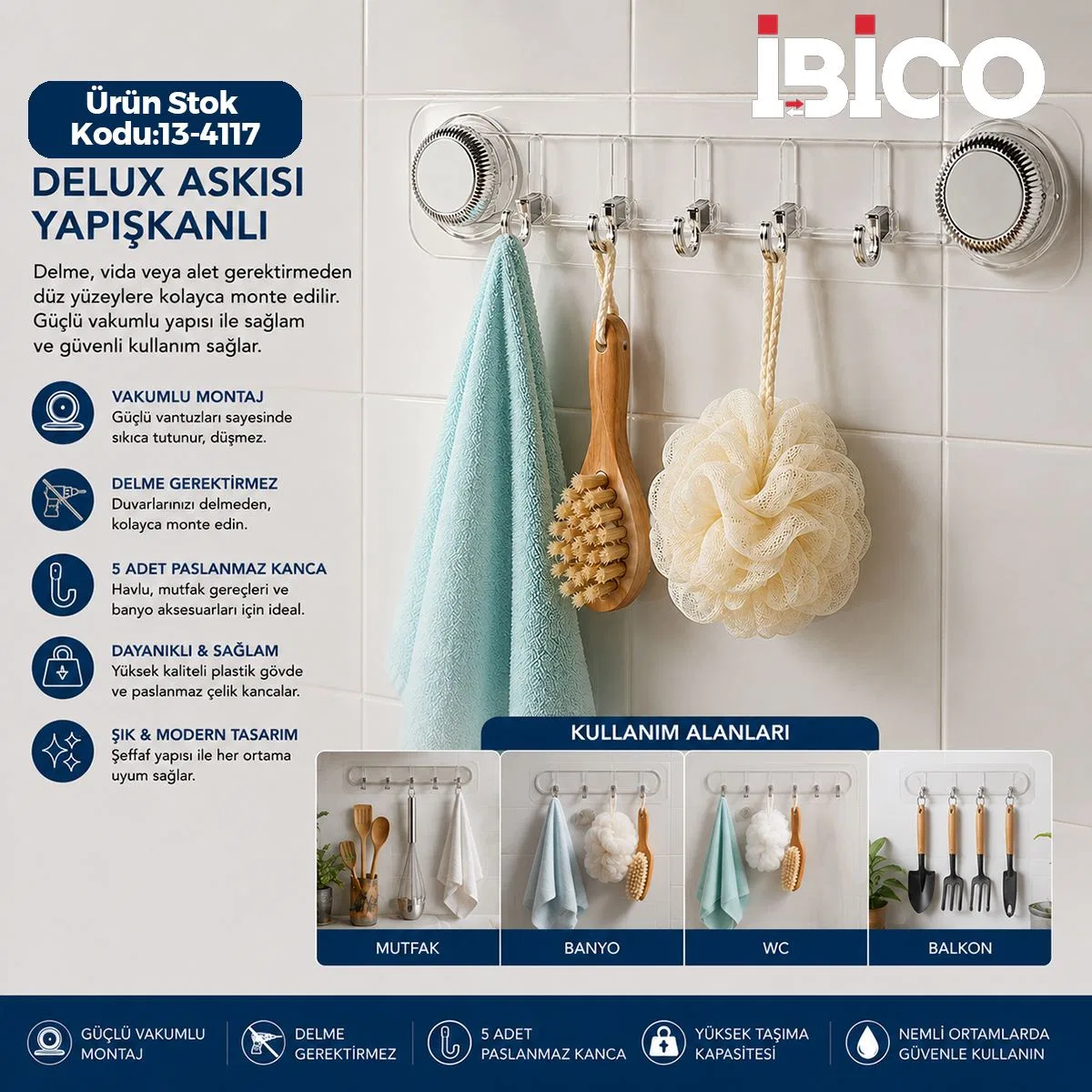 Yapışkanlı Vantuzlu 5 Kollu Plastik Askı görsel 3