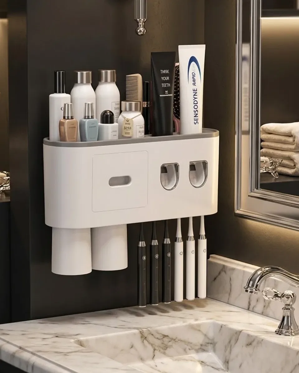 Çift Dispenserli Diş Macunu Sıkacağı 6 Fırçalık Bardaklı Banyo Organizer