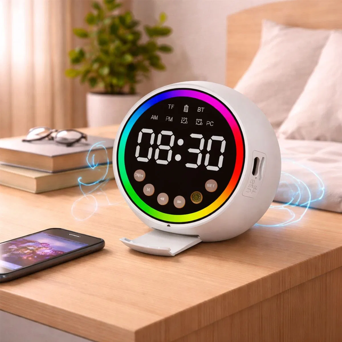 Mini Bluetooth Hoparlör Dijital Saat & Alarm USB Şarjlı Işıklı 5W görsel 5